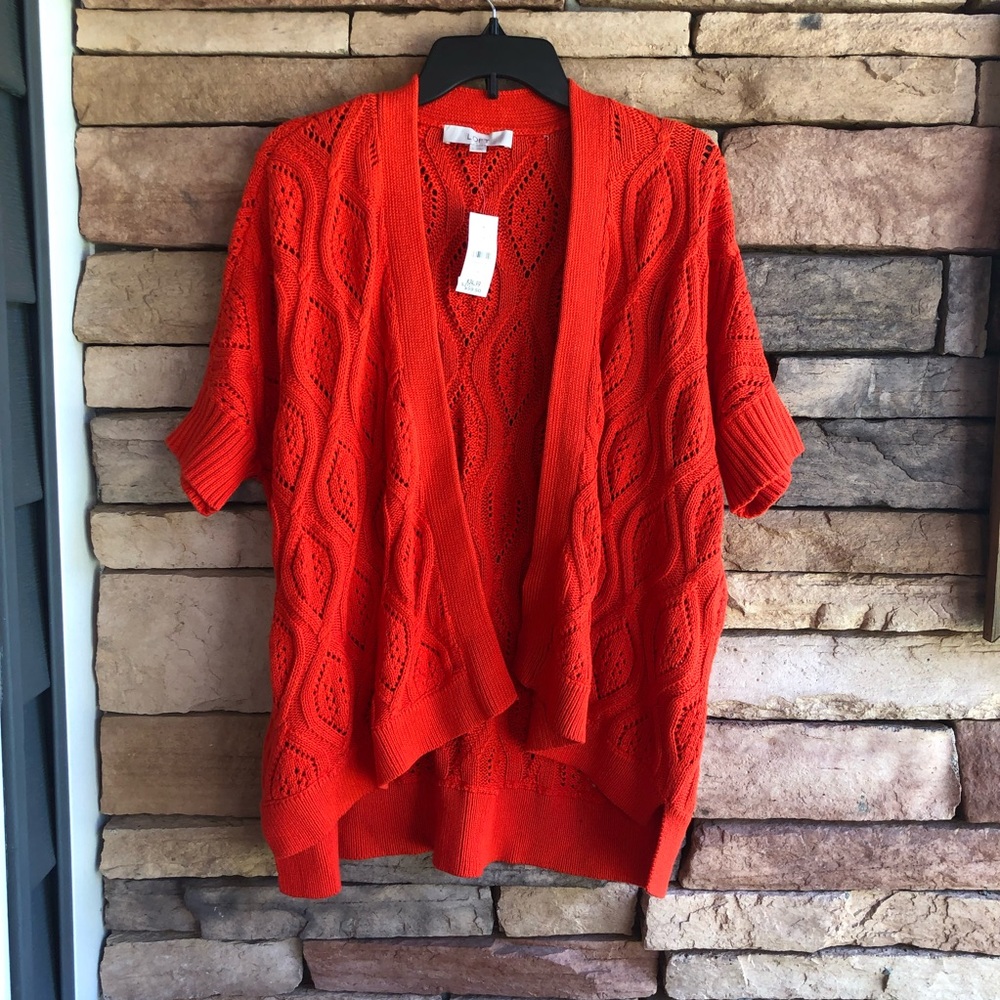 Ann Taylor LOFT orange short sleeve open cardigan sweater NWT Large